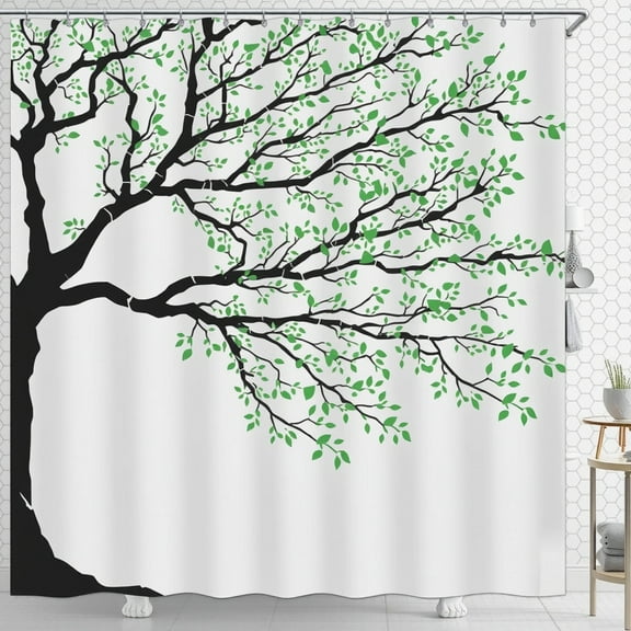 Minimalist Tree Shower Curtain with Black Trunk and Green Leaves - Serene Bathroom Decor