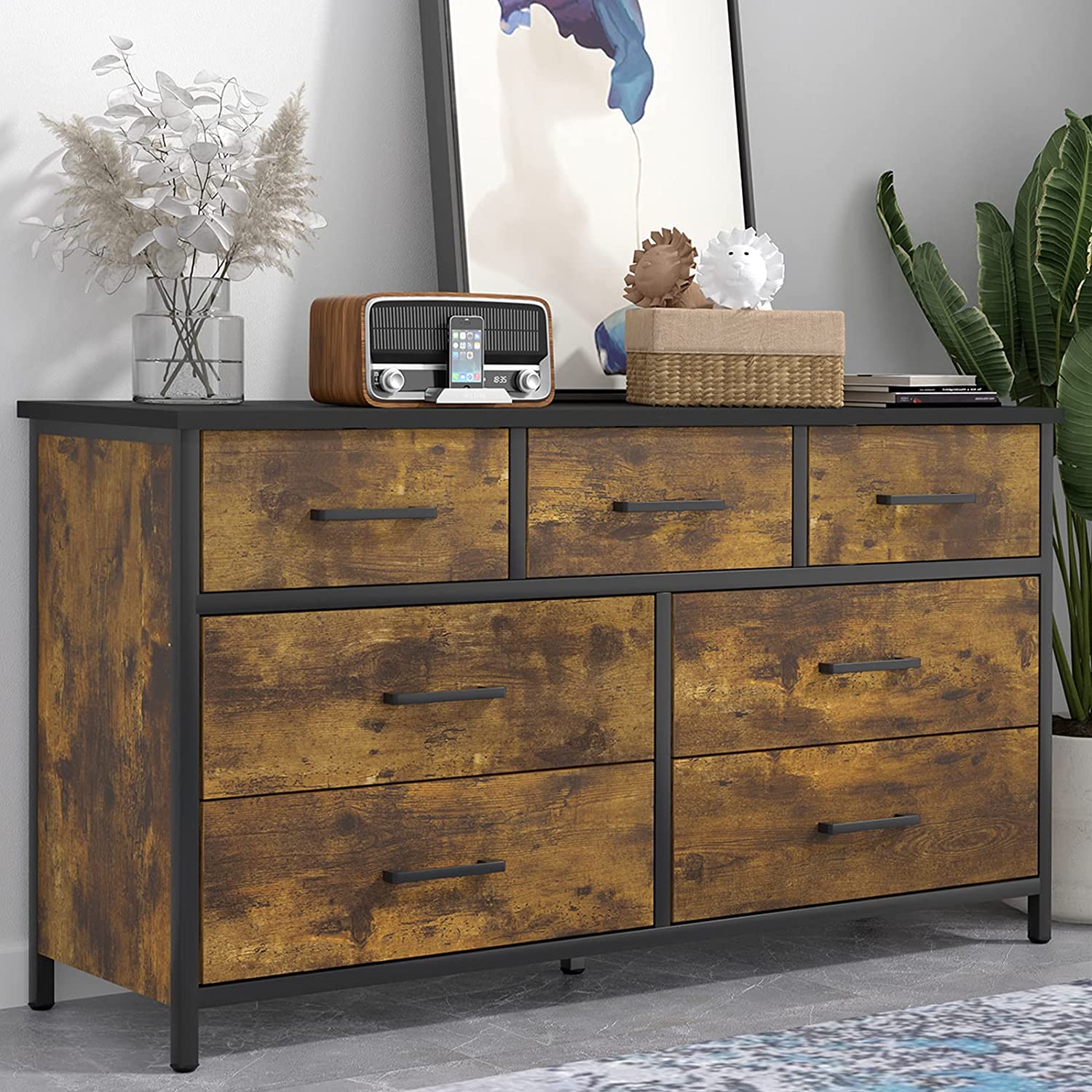 BZFWM 7 Drawer Dresser Industrial Wood Dressers & Chests of Drawers