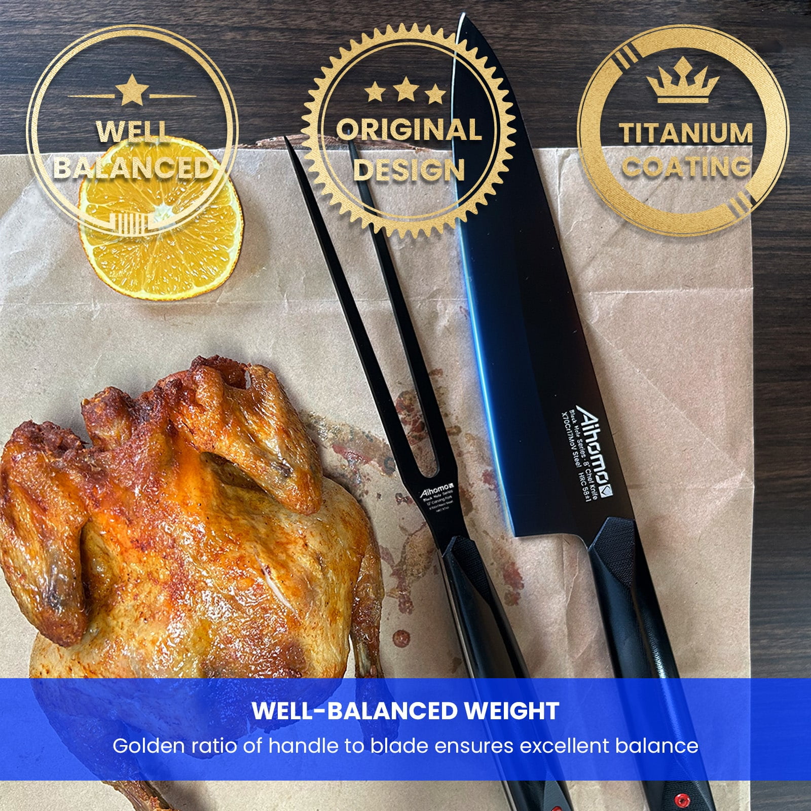 Aihomo Black Carving Knife & Fork Set, 8" Chef Knife & 12" Carving Fork High Carbon Stainless Steel, Full Tang Knives with G10 Handle