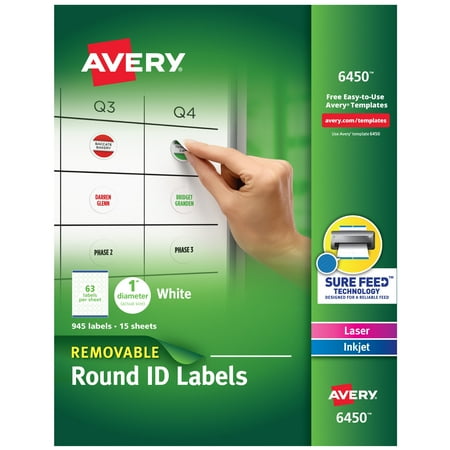 Preprinted Removable Labels Avery Removable Round ID Labels, Sure Feed Technology, Removable Adhesive, 1” Diameter, 945 Labels (6450) ()