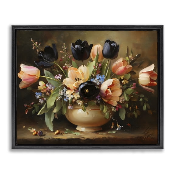 Stupell Industries French Country Black Tulips & Peach Bouquet Black Floating Frame Canvas Art, 21 x 17, by Franklyn Gregory