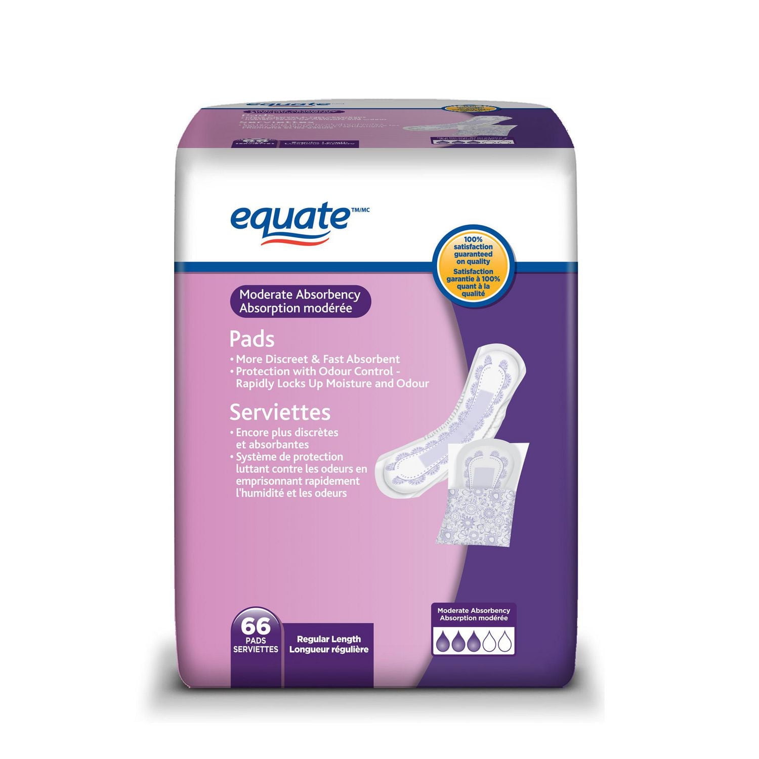 Equate Moderate Absorbency Bladder Control Pads, 66 Pads, Regular Length