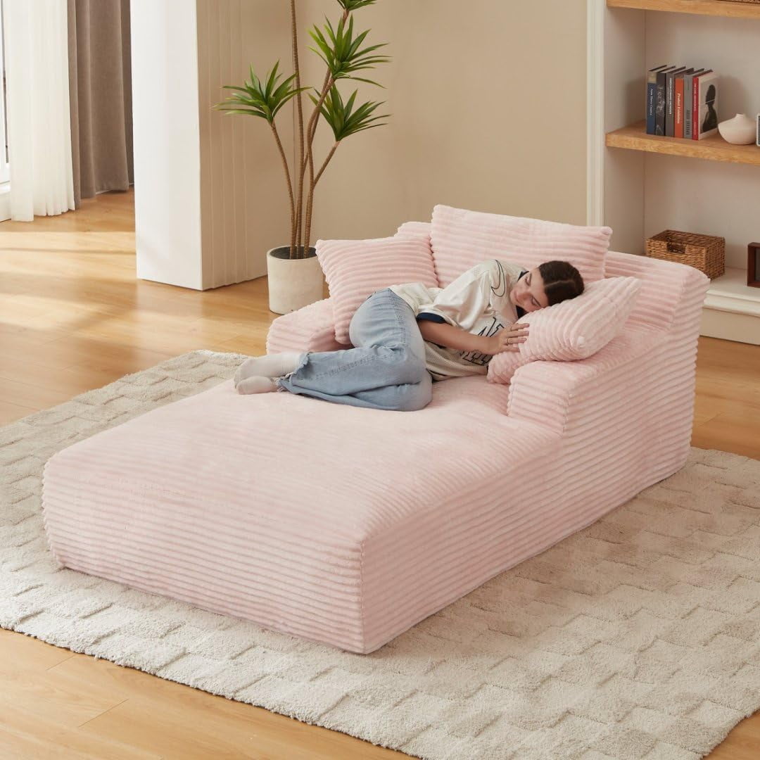 AENKYO 80" Oversized Corduroy Chaise Lounge, Fully Assembled, No Assembly Required, Pink