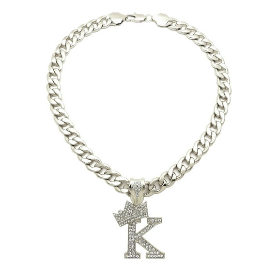 iJewelry2 Kings and Queens Crowned Initial Letter K Crystals Pendant Silver-tone Cuban Linked Chain Necklace
