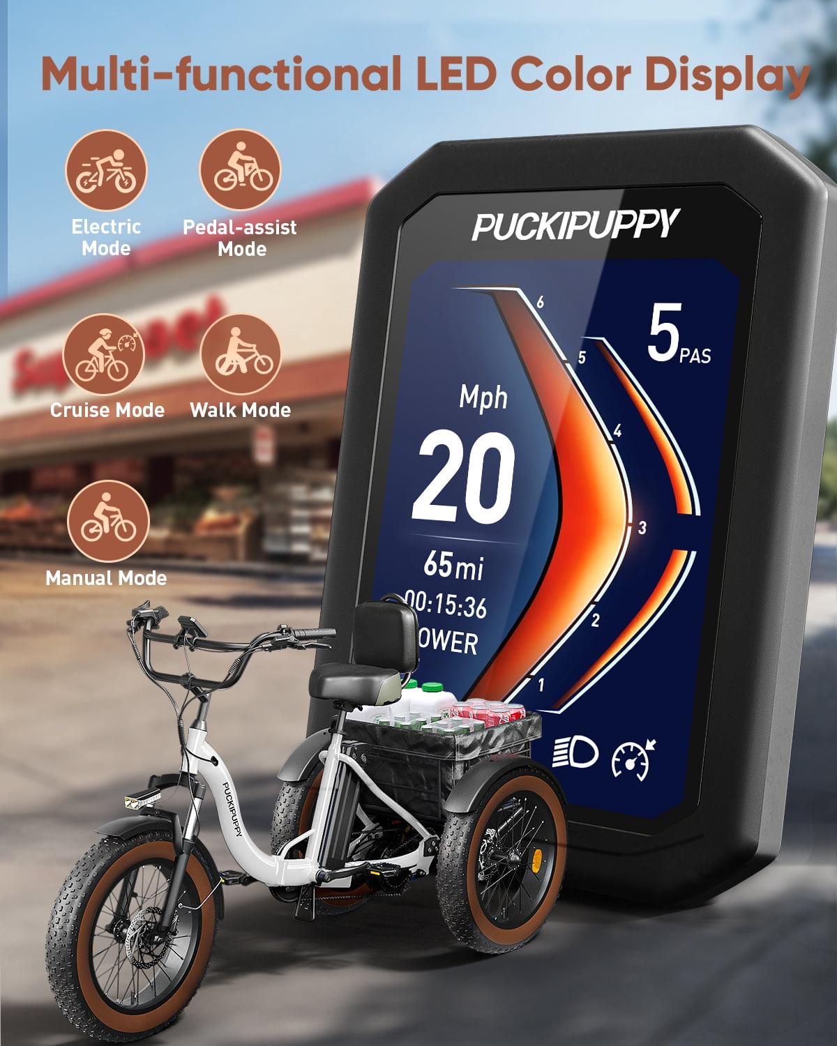 PUCKIPUPPY Electric Tricycle for Adults 960W Rear Motor 55Miles Range 20mph Max Speed 20" Fat Tire Electric Trike 3 Wheel Electric Bike 48V 15AH Battery E-Mountain Bike, Comply with UL2849 By SGS