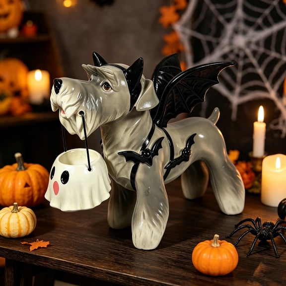 Halloween Schnauzer Bat Figurine with Ghost Bucket, Resin Dog Tabletop Decor for Home Mantel Shelf Halloween Decoration