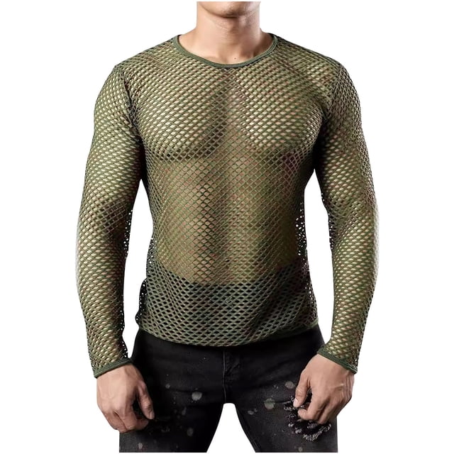 Birdeem Chemises pour Hommes Mode Masculine Filet de Pêche Ajouré Décontracté Couleur Unie Manches Longues Col Rond Chemise