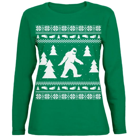 Sasquatch Ugly Christmas Sweater Green Womens Long Sleeve T-Shirt - X-Large