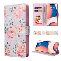Nalacover Wallet Case for iPhone 15 Plus Case with Wrist Strap Card Slots Holder, Bling Flower Pattern PU Leather TPU Full Body Shockproof Kickstand Magnetic Clasp Case, Rose