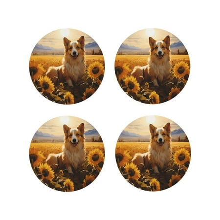 

Fuzoiu Pastoral Sunflower Corgi Print Leather Coasters Set Drink Coasters Set of 4 for Tabletop Protection Durable PVC Coasters Home Décor and Housewarming Gift-Round Shape