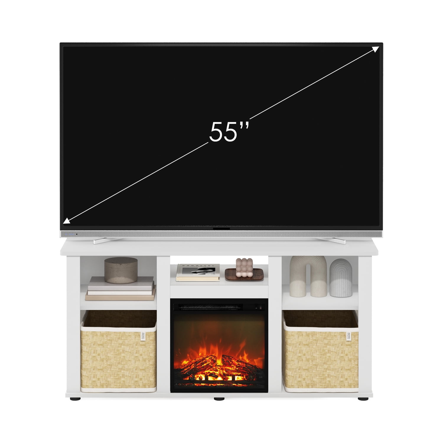 Modern Fireplace TV Stand - 55 Inch TV Entertainment Center with Storage - Solid White Media Console