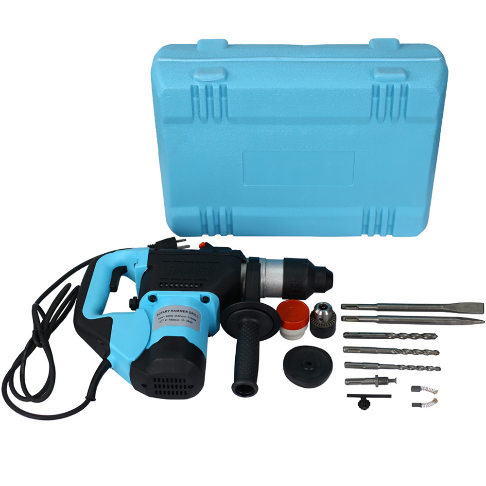 Rotary Hammer 1100W, 1-1/2" SDS Plus Rotary Hammer Drill with 3 Functions for Concrete, Professional Electric Hammer Drill Kit, Black & Blue.
