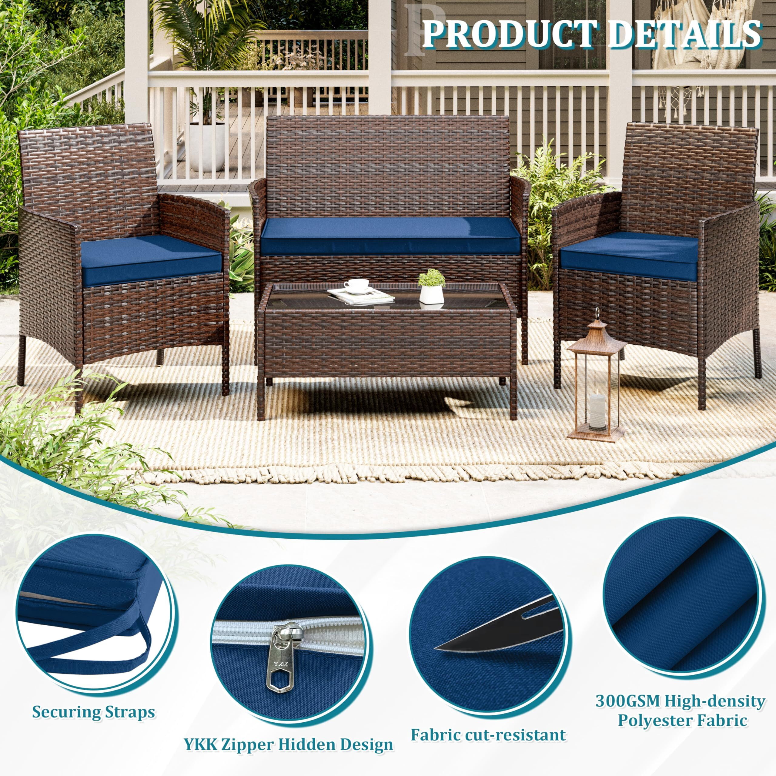 Pakunoda 3Pcs Patio Cushion Covers 4-Seater Outdoor Cushion Slipcovers Replacement with Zipper for Garden Couch Wicker Rattan Sofa Furniture, Cover Only, Blue