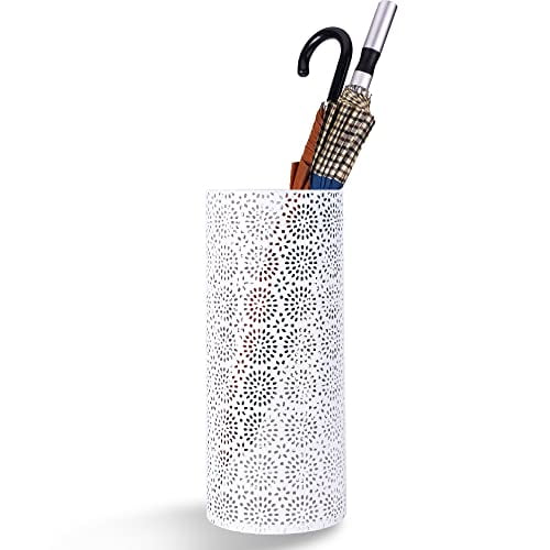 Umbrella Stand Rack for Entryway,Free Standing Metal Umbrella Holder,Round Umbrella Organizer Bin with 3 Hooks for Long Short Umbrella,Walk Stick,Home Office Indoor,17 x 7 Inch,White