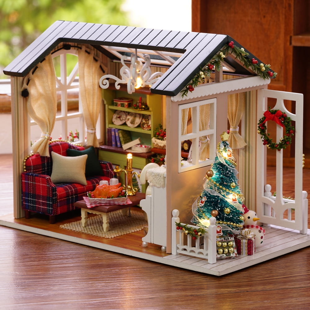 DIY Christmas Miniature Dollhouse Kit Realistic Mini 3D Wooden House Room  Craft with Furniture LED Lights Children's Day Birthday Gift Christmas 