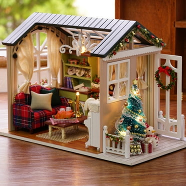 DIY Christmas Miniature Dollhouse Kit Realistic Mini 3D Wooden House Room Craft with Furniture LED Lights Children's Day Birthday Gift Christmas Decoration