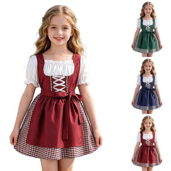 Fancifize Medieval Renaissance Dress for Girls Long Sleeve Gingham Holiday Short Dreeses 4-13 Years