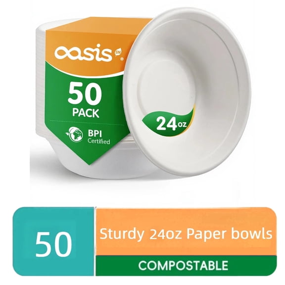 OasisSN Disposable 24Oz Paper Bowls, Heavy Duty Biodegradable Bagasse Bowl for Snacks,Soup,and Salads, Paper Bowls for Dinner or Lunch,White,Microwave Safe,50 Pack