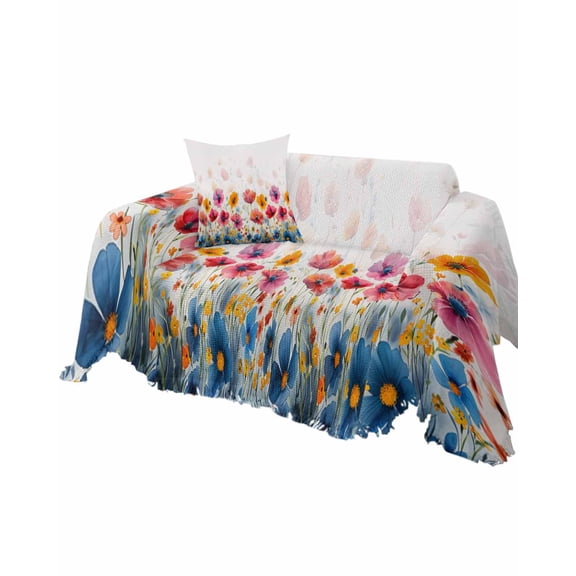Colorful Floral Sofa Couch Covers for Dog,Washable Sectional Couch Slipcoverfor Loveseat with Tassels,Red Orange Blue White Botanical Flower Non Slip Sofa Throw Cover Blanket Large 71''x102''