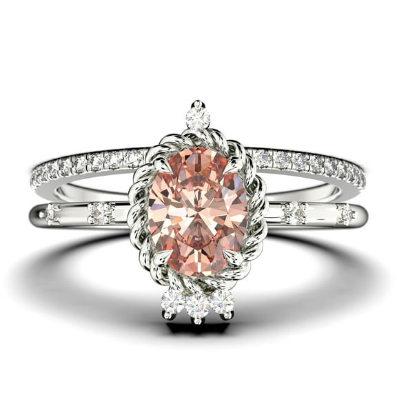 Dazzling Art nouvea 2.00 Carat Oval Cut Morganite And Diamond Moissanite Engagement Ring, Wedding Ring in 925 Sterling Silver With 18k White Gold Plating, Compass Ring, Bridal Set, Matching Band