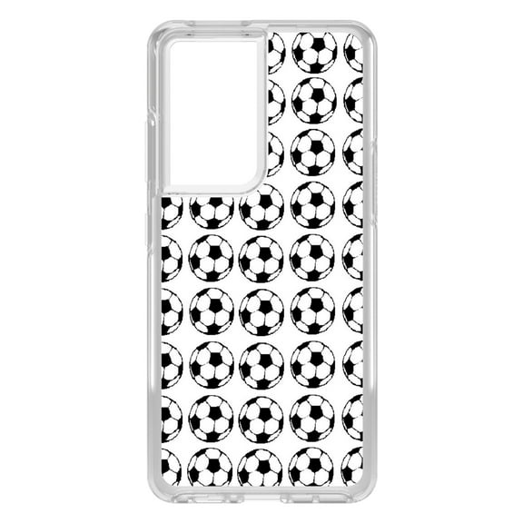 DistinctInk Clear Shockproof Hybrid Case for Galaxy S21 ULTRA 5G (6.8" Screen) - TPU Bumper, Acrylic Back, Tempered Glass Screen Protector - Soccer Balls Drawing