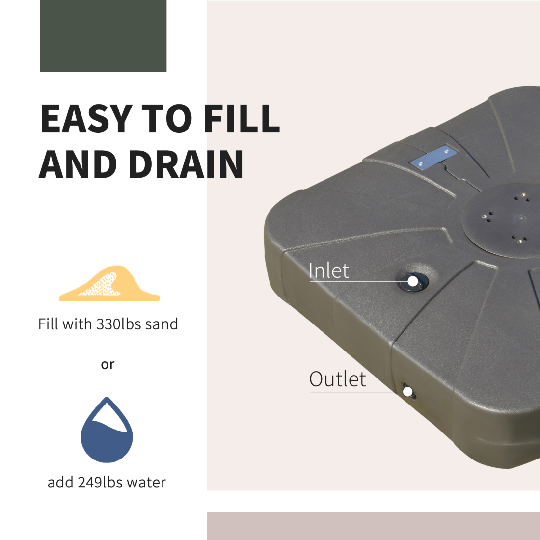 Heavy Duty Cantilever Umbrella Base with Wheels for Easy Moving, 330 lb Sand or 249 lb Water Weight Capacity, Square Patio Umbrella Stand for Outdoor Garden and Backyard