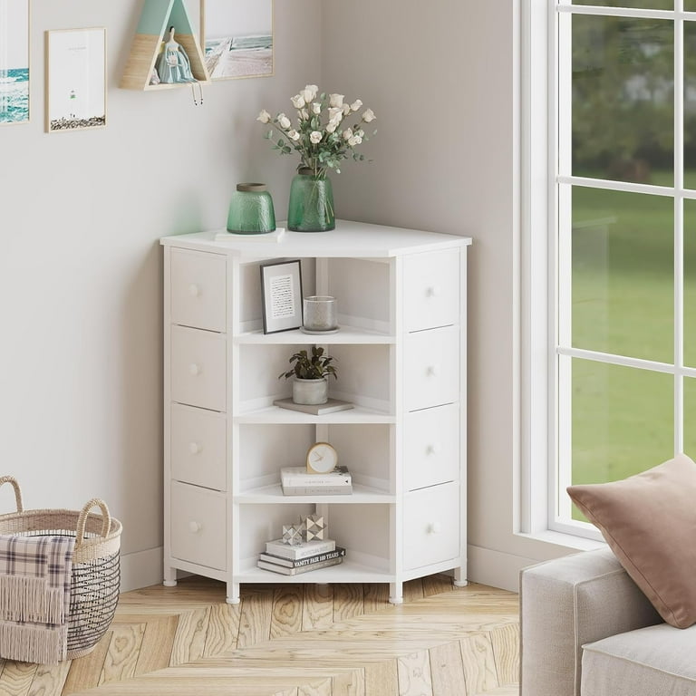8 Drawer Corner Dresser with Wooden Top and Shelves White Walmart
