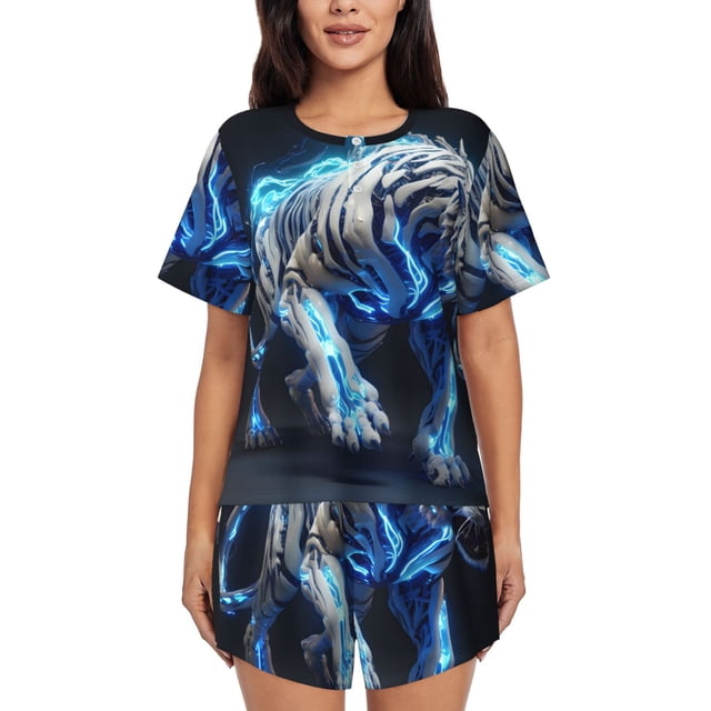 Fotbe Futuristic Blue Light White Tiger Conjunto de Pijama Estampado para Mujer, 2 Piezas, Ropa de Dormir con Camiseta de Manga Corta y Shorts Suaves-3X-Large