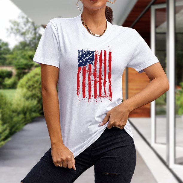 Imprimir Camisetas Casuales Camiseta holgada para mujer Camiseta con rayas de estrellas del 4 de julio Tops femeninos de verano (Blanco M) Cgtredaw Para estrenar