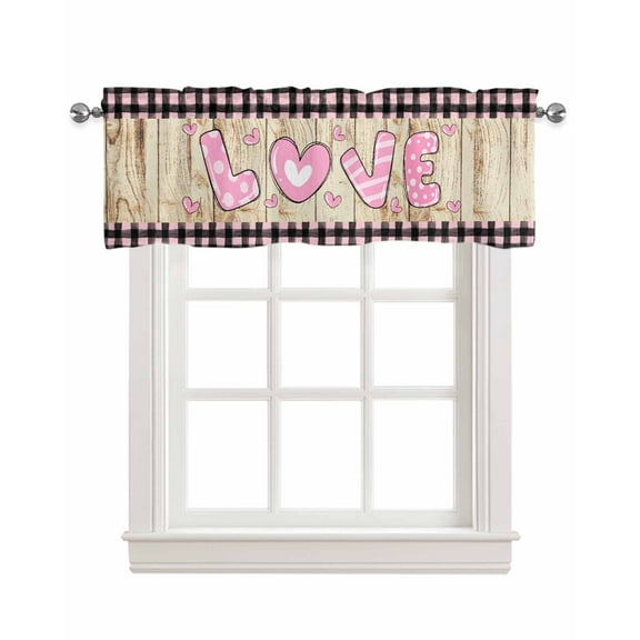 Pink Love Valentine's Day Linen Curtain Valance for Bedroom/Bathroom/Kitchen/Office/Living/Dining Room Window,Pink Black Plaid Vintage Wooden Rod Pocket Topper Decorative Cafe Drapes Panel 42"x18"