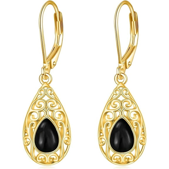 Black Onyx Earrings for Women Sterling Silver Gold Filigree Leverback Dangle Drop Earrings Jewelry for Women