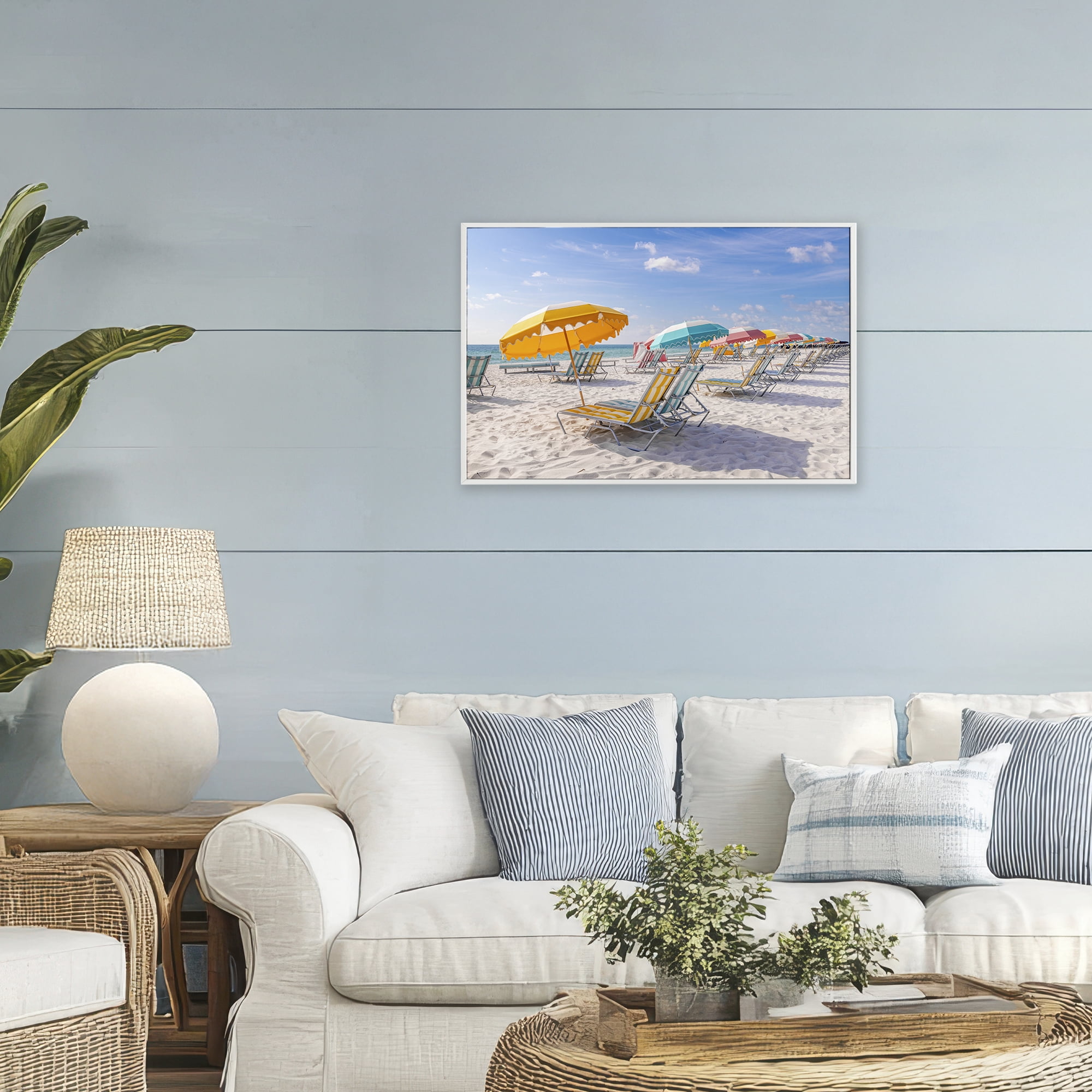 Stupell Industries Striped Umbrellas on Sunny Beach White Framed Giclee Art, design by Richard Silver