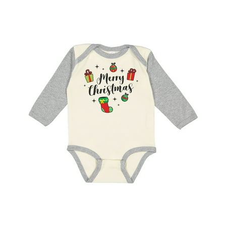 

Inktastic Merry Christmas with Presents Ornaments and Stocking Gift Baby Boy or Baby Girl Long Sleeve Bodysuit