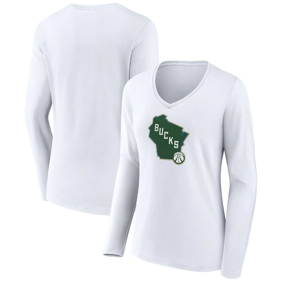 Women's White Milwaukee Bucks Alternate Logo V-Neck Long Sleeve T-Shirt