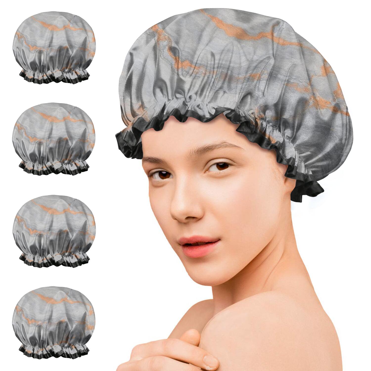 Shower Caps,Gray Orange Marble Pattern Waterproof Shower Cap for Women 4 Pieces,Double Reusable Hair Cover for Shower PEVA Elastic Stretch Hem