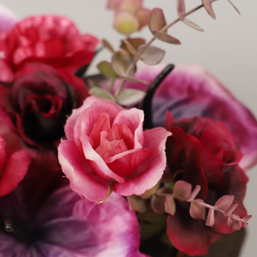 Flower Arrangement with Wooden Vase Artificial Flowers in Pot - Fake Flowers Roses Peonies Hydrangeas in Wooden Vase Potted Artificial Flower Centerpieces for Table Decor Living Room