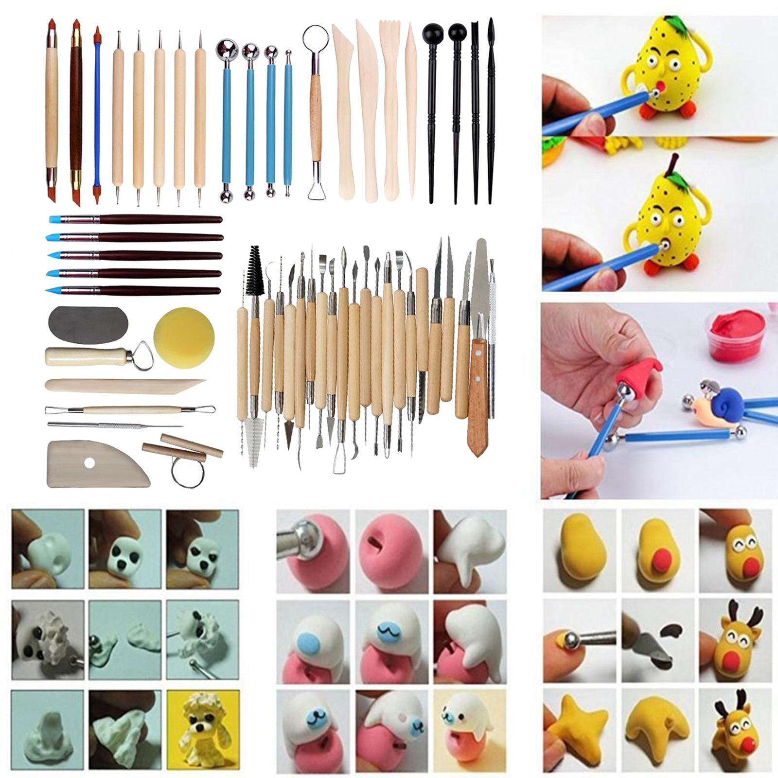 GUOOL Pottery Carving Tool Kit with Wooden Handle Steel Tip Ceramics Clay Pottery Modeling Blending Smoothing Tool Cleaning Tool Set Craft - 56 Pieces