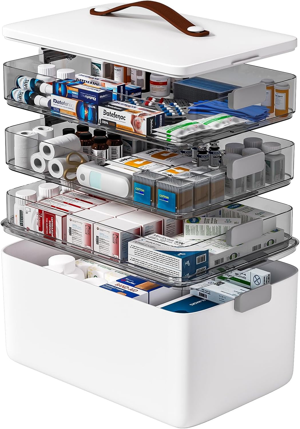 4-Tier Medicine Storage Box Cabinet, Empty First Aid Kit Portable Medical Supply Organizer with Leather Handle for Home