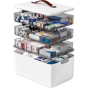 4-Tier Medicine Storage Box Cabinet, Empty First Aid Kit Portable Medical Supply Organizer with Leather Handle for Home