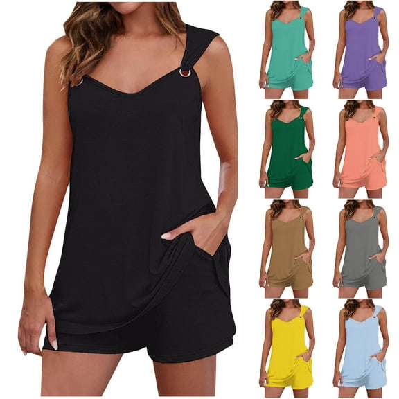 ZZwxWA Two Piece Sets for Women V Neck Sleeveless Tank Tops with Pocket Shorts Dressy Cute Summer Short Sets 2 Piece Outfits 50% Off Clear