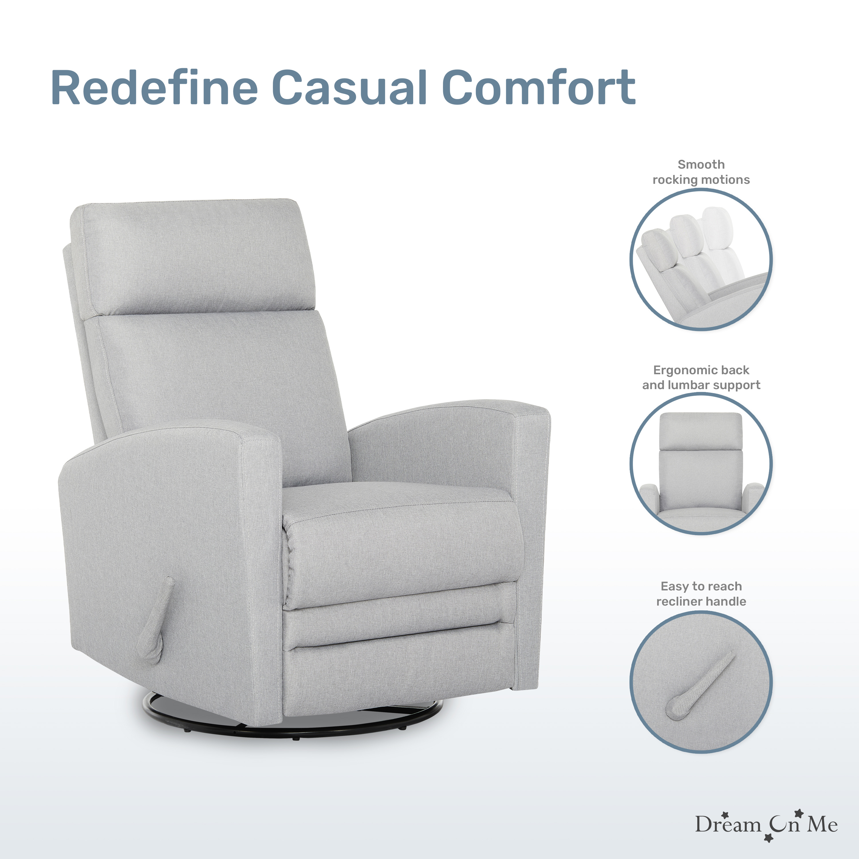 Dream On Me Chatham Glider Recliner, Gray with 360° Swivel photo 4