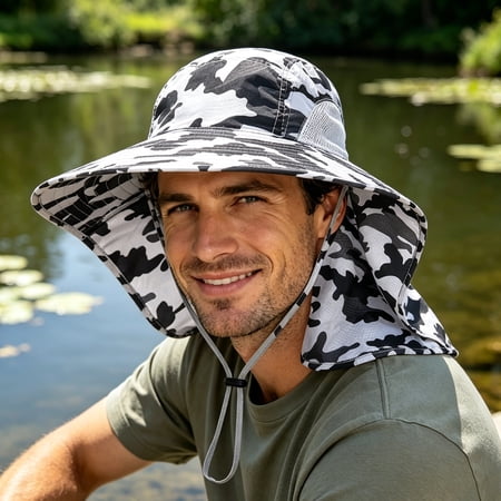 Sun Blocker Hats Outdoor Sun Protection Fishing Cap with Neck Flap Large Brim Outdoor Hat for Men Women Hunting Gardening Hiking(Light Gray Camouflage)