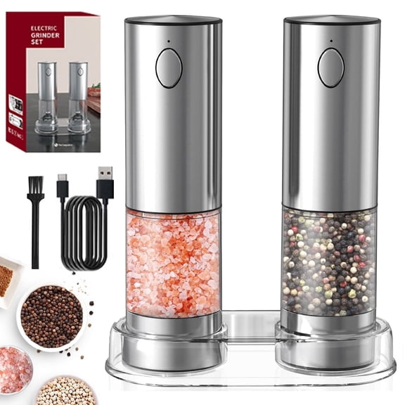 AsFrost Electric Salt and Pepper Grinder Set USB Rechargeable with Adjustable Coarseness Stainless Steel Automatic Salt n Pepper Mill Grinders Refillable with light