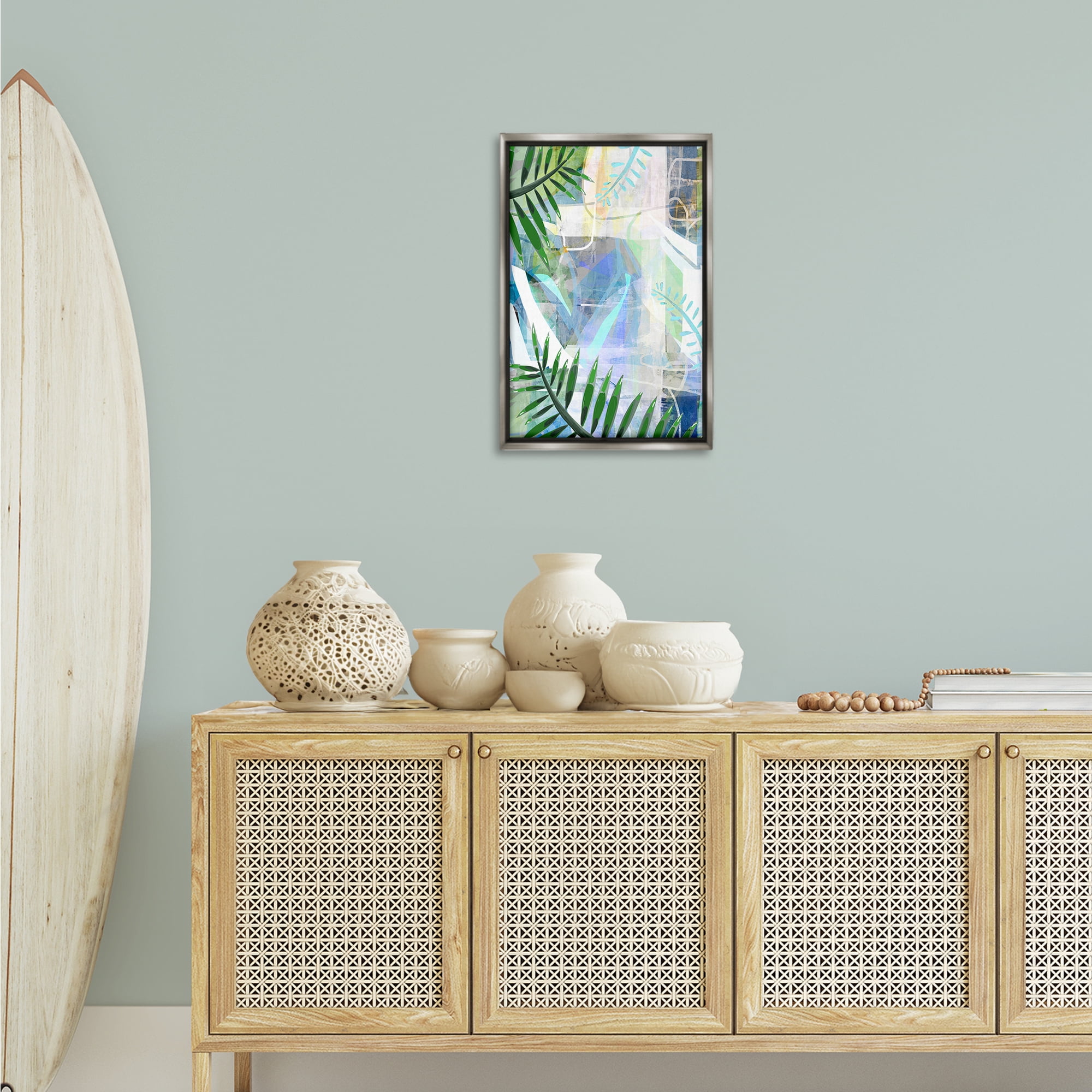 Stupell Industries Geometric Tropical Leaves Coastal Painting Gray Floater Framed Canvas Art Print Wall Art, 17 x 25