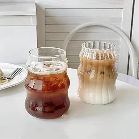 ACDANC 2 Pcs Cute Ribbed Glass Cups,18 Oz Aesthetic Drinking Glasses for Coffee,Iced Drinks,Matcha - Vintage Design Glassware