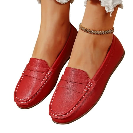 Seasonal Savings  Women s Solid Color Soft Sole Shoes  Lightweight Faux Leather  Casual Slip Flat  Comfortable for Office/Travel  Non-Slip Sole  Easy to Wear | Sopatenor  Red 39