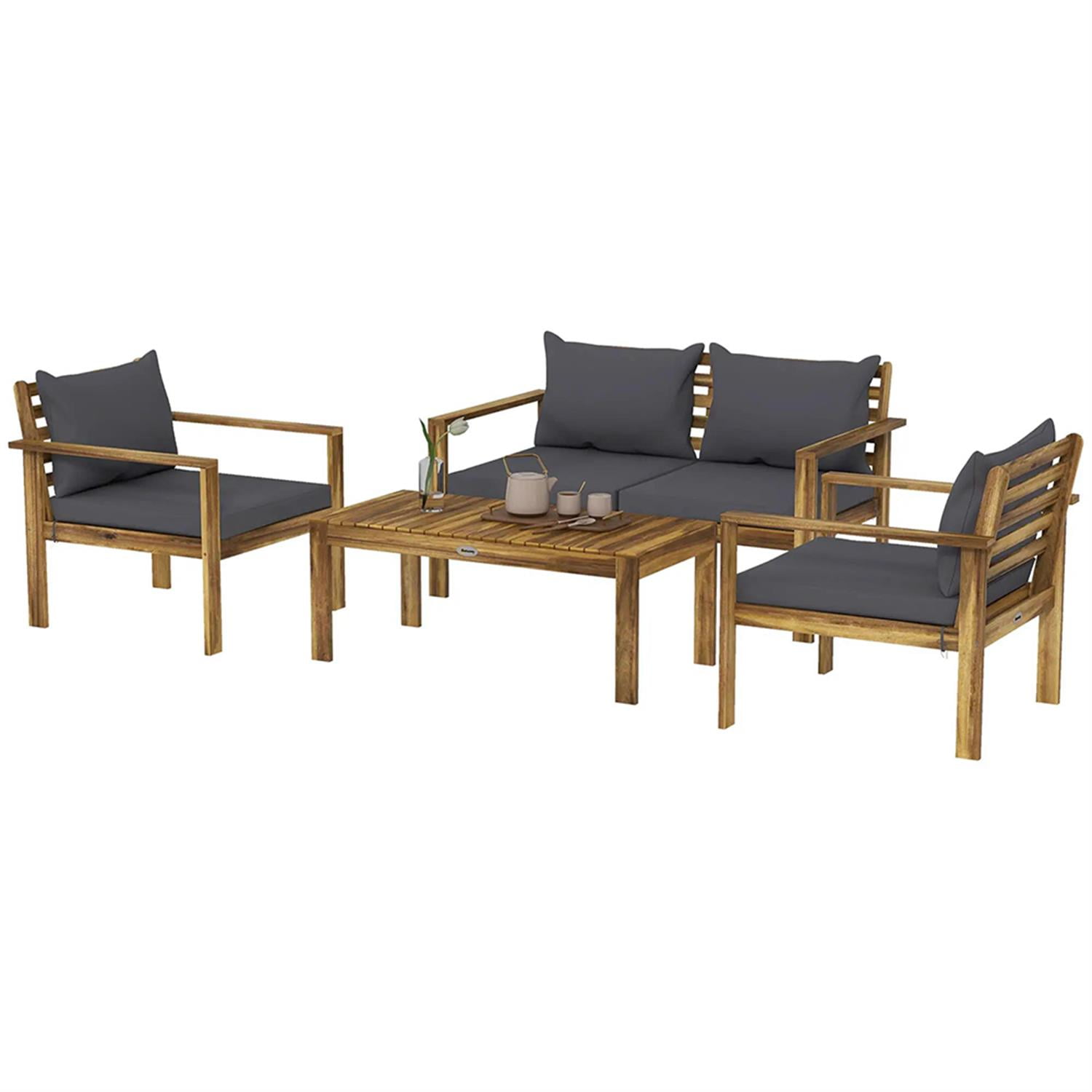 Demi Bonn 4-Piece Outdoor Conversation Sofa, Patio Furniture Set with 2 Acacia Wood Chairs Cushions & Coffee Table for Backyard, Balcony, Porch, Brown