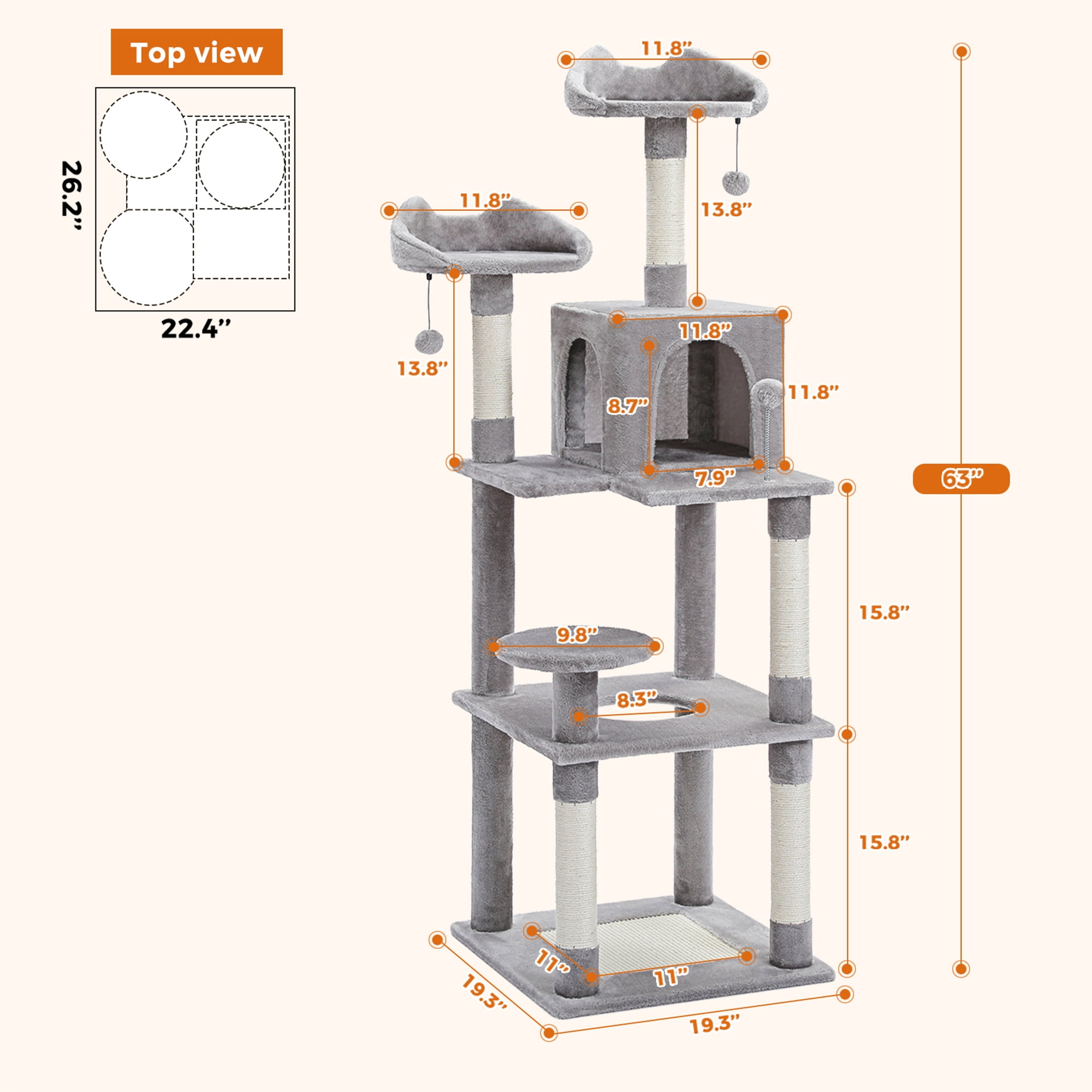 Kadyn 63" Cat Tree Tower for Indoor Cats, 4 Levels Platform Cat Condo for Large Cats with Fully Scratching Posts, Gray