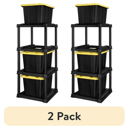 (2 pack) 4 Tier Tote Rack Holds Four 27 Gallon Industrial Storage Totes Heavy Duty Plastic Garage Storage Organizer Vertical Easy-Access No-Stacking Design Black