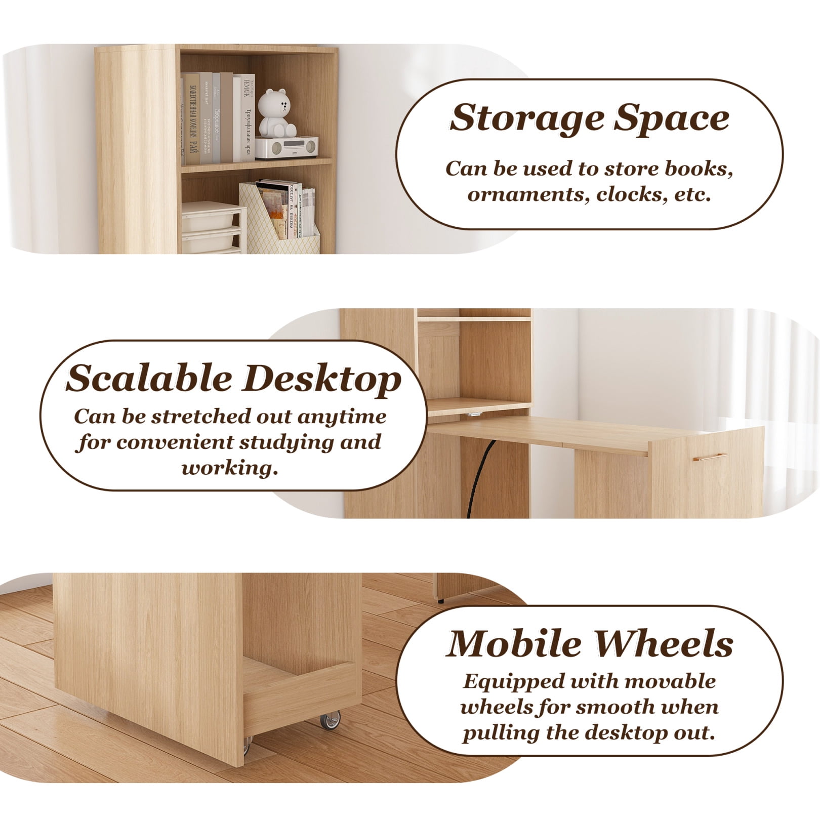 Mobile Folding Desk with Storage Shelves, Rolling Stretchable Office Desk with Wheels, Expandable Computer Table for Small Apartments and Offices, Natural